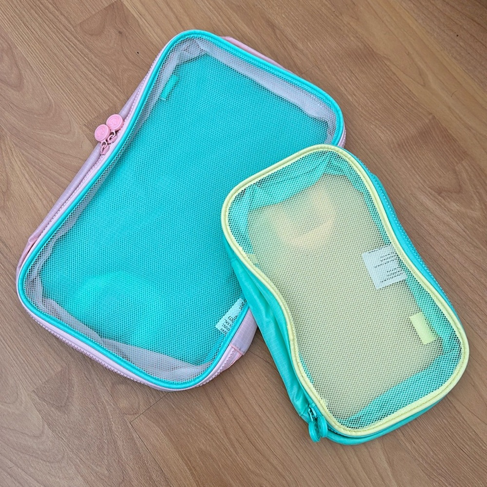 Travel Pouch Set (1 Large, 1 Small) with smiley face zipper
Original packaging